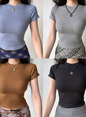 Go Girl Go 欧美风纯色小圆领修身正肩短款T恤女螺纹短袖上衣