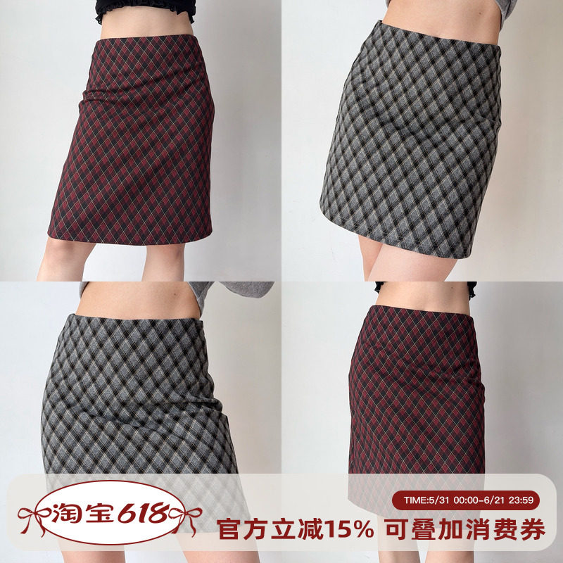 Go Girl Go 自制美式复古高腰格纹毛呢半身裙包臀裙显瘦短裙/中裙