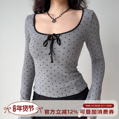 Go Girl Go 自制欧美风爱心刺绣系带U领长袖T恤女修身打底上衣