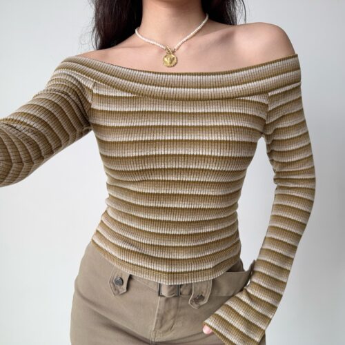 Go Girl Go 自制欧美风性感一字领条纹针织衫女修身短款辣妹上衣