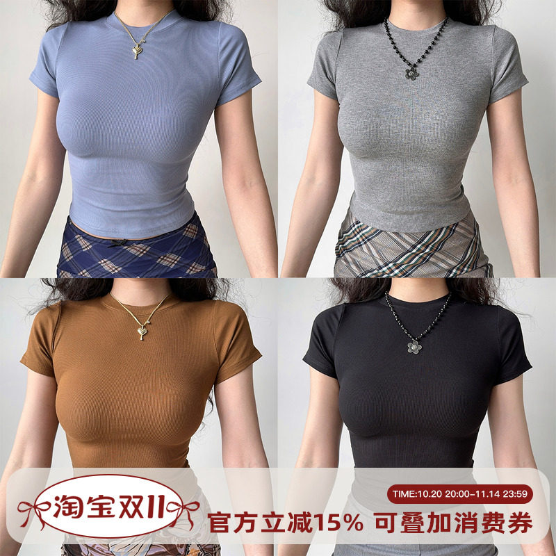 Go Girl Go 欧美风纯色小圆领修身正肩短款T恤女螺纹短袖上衣