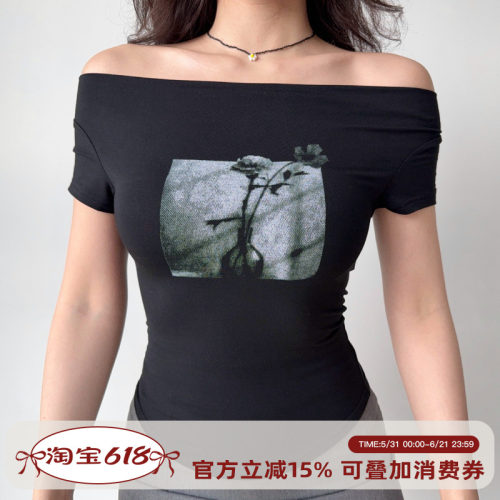 Go Girl Go 自制欧美风性感一字肩印花黑色短袖T恤女夏季修身上衣