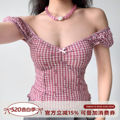 GoGirlGo印花格子泡泡袖T恤女