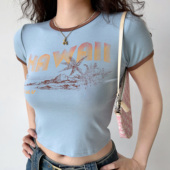 复古修身 美式 款 撞色印花圆领短袖 辣妹上衣 T恤女短款 Girl