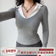 上衣女早秋新品 T恤修身 短款 Girl 欧美风假两件翻领长袖