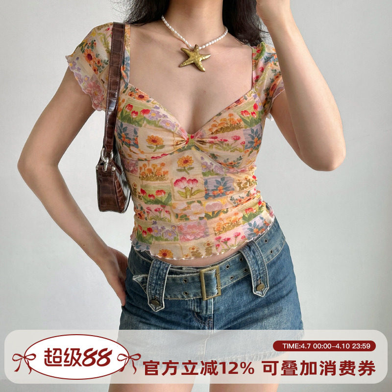Go Girl Go自制欧美风油画花卉印花v领T恤女夏季花边网纱短袖上衣