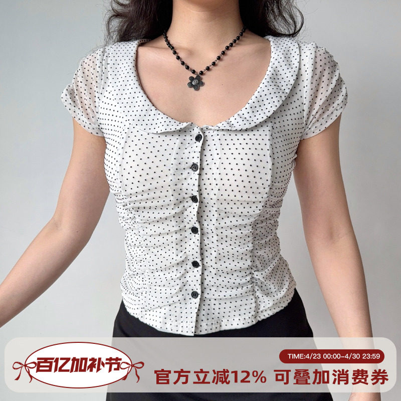 Go Girl Go 自制法式复古娃娃领白色短袖衬衫女夏季修身波点上衣