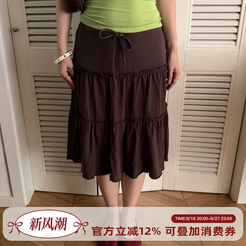 Go Girl Go 自制美式复古松紧腰系带半身裙褶皱裙子A字裙女蛋糕裙