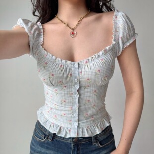 Go Girl Go 自制欧美风碎花格子方领泡泡袖衬衫女修身短款上衣