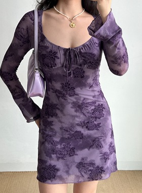 Go Girl Go 自制复古欧美风植绒提花紫色长袖连衣裙女修身裙子