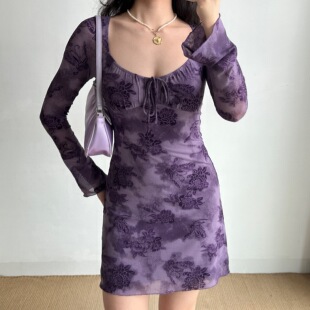 连衣裙女修身 自制复古欧美风植绒提花紫色长袖 裙子 Girl