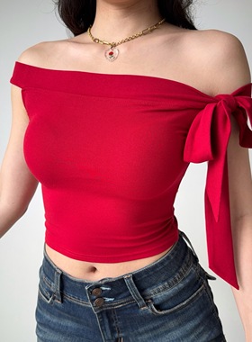 Go Girl Go 欧美风性感一字领绑带修身T恤女夏季短款辣妹上衣