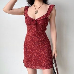 Go Girl Go 自制美式复古荷叶边印花红色吊带连衣裙女夏修身短裙