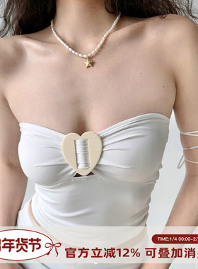 Go Girl Go自制欧美风性感辣妹白色爱心扣抹胸女修身无袖外穿上衣