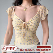 自制欧美风碎花网纱短袖 Girl T恤女系带V领辣妹上衣