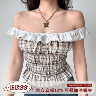 Go Girl Go 自制美式复古两穿一字领格子无袖上衣女收腰显瘦衬衫
