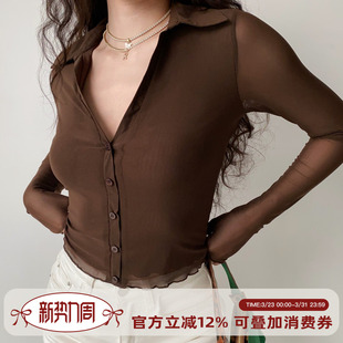 Girl 女修身 自制欧美风性感薄款 衬衫 辣妹上衣 网纱棕色长袖
