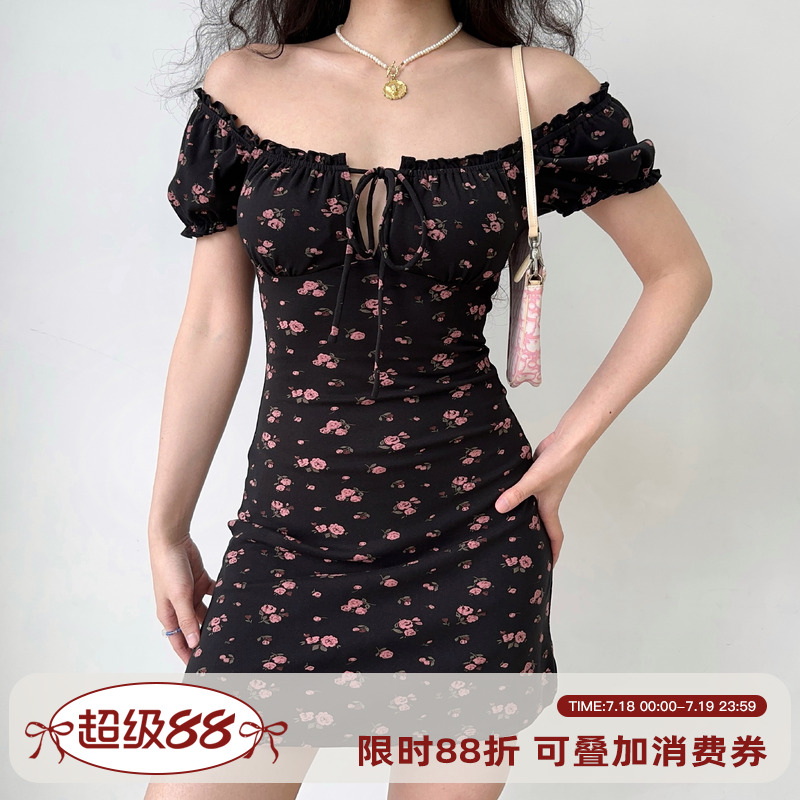 Go Girl Go自制法式复古镂空绑带方领碎花连衣裙女夏泡泡袖短裙