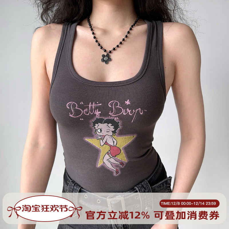 Go Girl Go 自制美式复古U领印花工字背心女修身辣妹短款无袖上衣