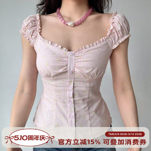GoGirlGo法式粉色泡泡袖上衣女