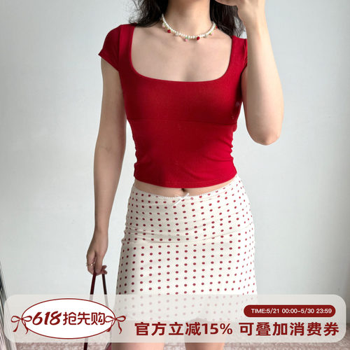 Go Girl Go 自制欧美简约方领正肩红色短袖T恤女修身短款辣妹上衣