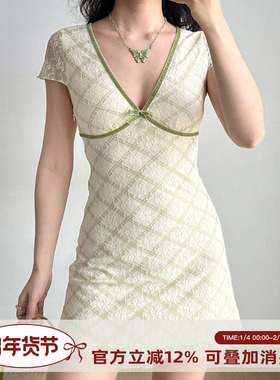Go Girl Go 自制欧美风性感深V领蕾丝格子短袖连衣裙女夏季