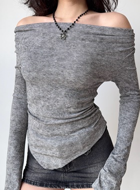 Go Girl Go 自制欧美纯欲风一字领长袖T恤女设计感不规则上衣辣妹