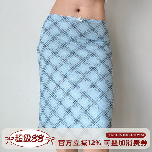 Go Girl Go 自制欧美风蓝色格子网纱半身裙女夏季松紧腰包臀裙子