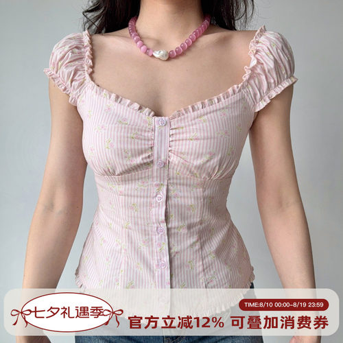 GoGirlGo法式粉色泡泡袖上衣女