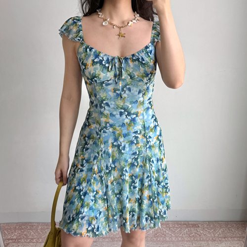 Go Girl Go 自制欧美风油画印花小飞袖蓝色连衣裙a字裙女海边穿搭