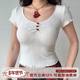Girl 自制欧美风立体小花正肩短袖 T恤女木耳边修身 短款 上衣