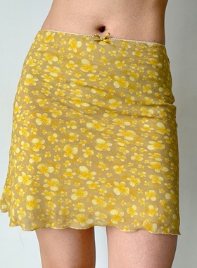 Go Girl Go 自制美式复古黄色蝴蝶印花短裙女夏季a字半身裙