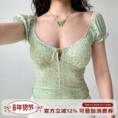 U领上衣 泡泡袖 Girl 自制欧美风纯欲性感镂空碎花T恤女夏季