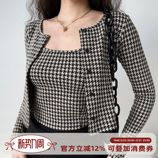 复古千鸟格吊带 自制美式 开衫 两件套女修身 上衣 短款 Girl