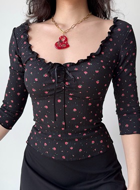 Go Girl Go 自制欧美风大U领木耳边碎花上衣黑色七分袖T恤女辣妹