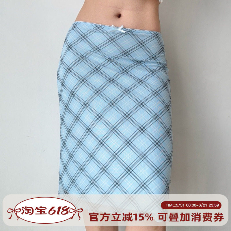 Go Girl Go 自制欧美风蓝色格子网纱半身裙女夏季松紧腰包臀裙子