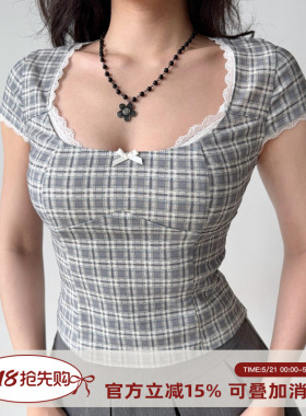 Go Girl Go 自制欧美风蕾丝拼接灰色格子短袖T恤女夏季修身上衣