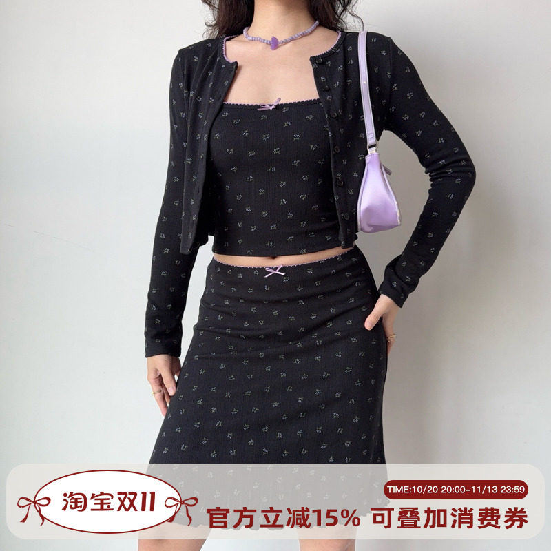 Go Girl Go 自制美式复古小碎花吊带开衫半身裙套装三件套女辣妹