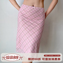 Girl 自制欧美风粉色格子裙松紧腰网纱半身裙女夏季