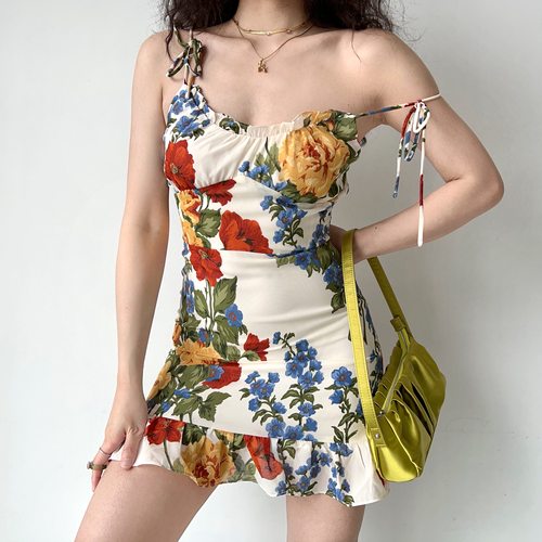 油画印花荷叶边吊带裙女