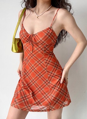 Go Girl Go自制欧美风复古橘色格子吊带裙女夏性感连衣裙修身短裙