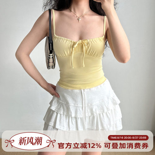 Go Girl Go自制欧美风胸前抽褶绑带吊带背心女夏修身收腰短款上衣
