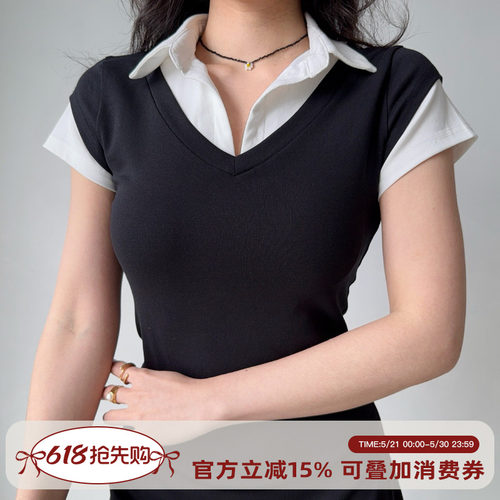 Go Girl Go 自制美式复古设计感假两件翻领短袖T恤女修身短款上衣