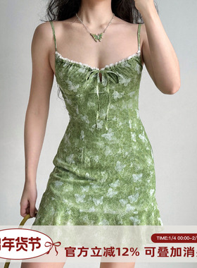 Go Girl Go 自制欧美风蝴蝶印花露背吊带裙女荷叶边连衣裙A字短裙