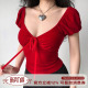 修身 T恤女泡泡袖 Go自制欧美风红色丝绒v领短袖 辣妹短上衣 Girl