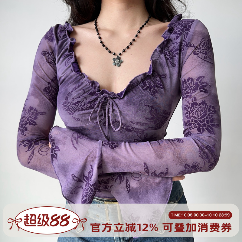 Go Girl Go 自制欧美风木耳边系带植绒T恤女喇叭袖修身紫色上衣