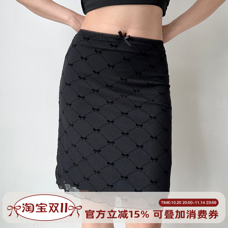 Go Girl Go 自制欧美风蝴蝶结格子半身裙a字修身中腰包臀网纱短裙