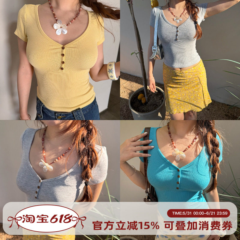 Go Girl Go 欧美风简约v领正肩短袖T恤女夏季修身显瘦螺纹上衣