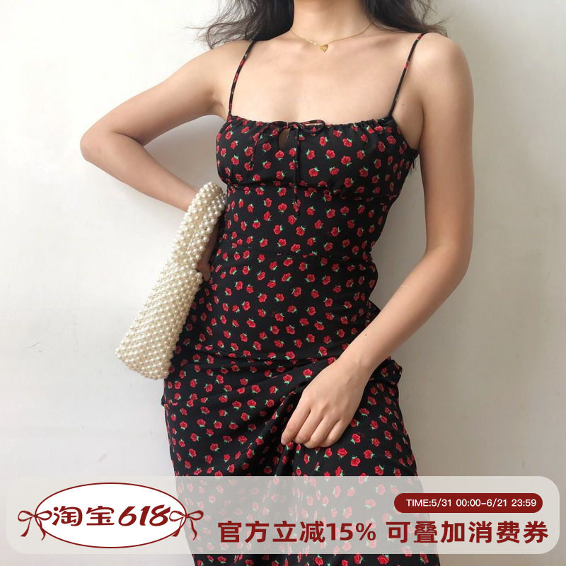 Go Girl Go法式复古性感修身显瘦碎花吊带裙内搭连衣裙沙滩裙长裙