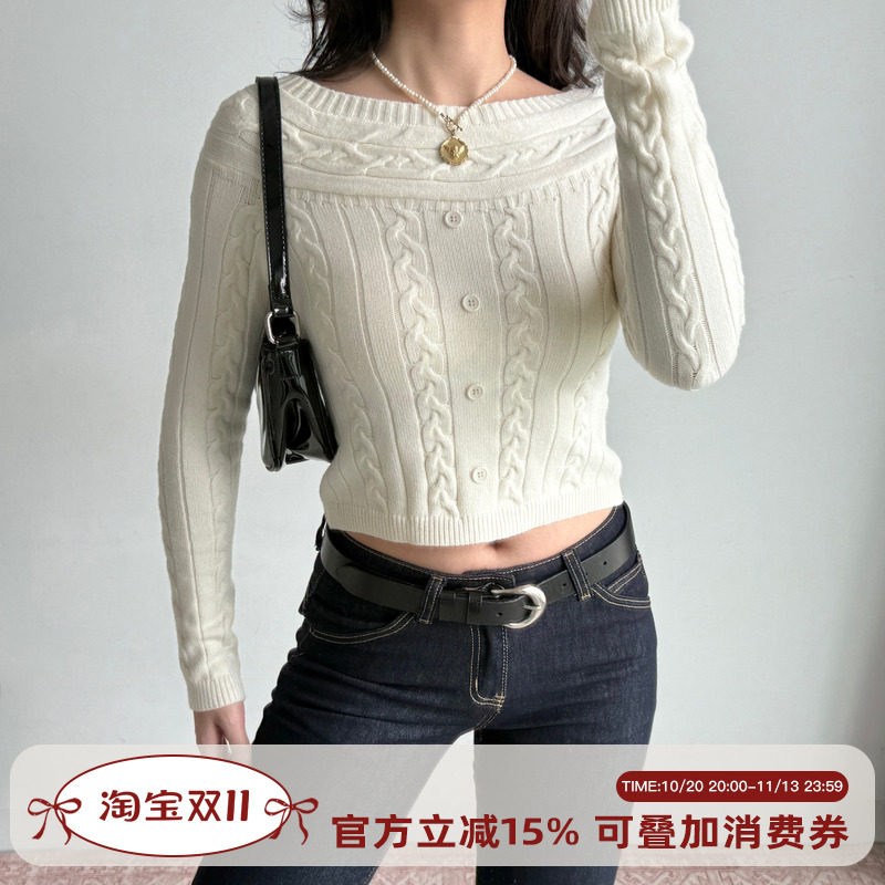 Go Girl Go 法式性感一字肩麻花针织衫女修身显瘦短款毛衣